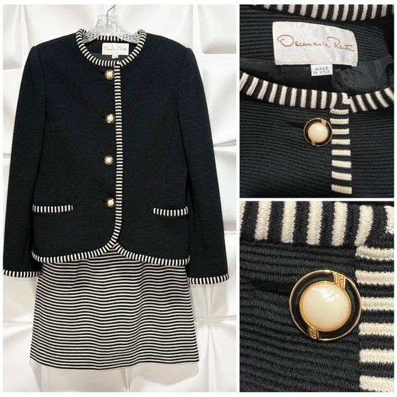 Oscar de la Renta Sz 10 BlackStriped Jacket Blazer Skirt Suit Set Womens RARE